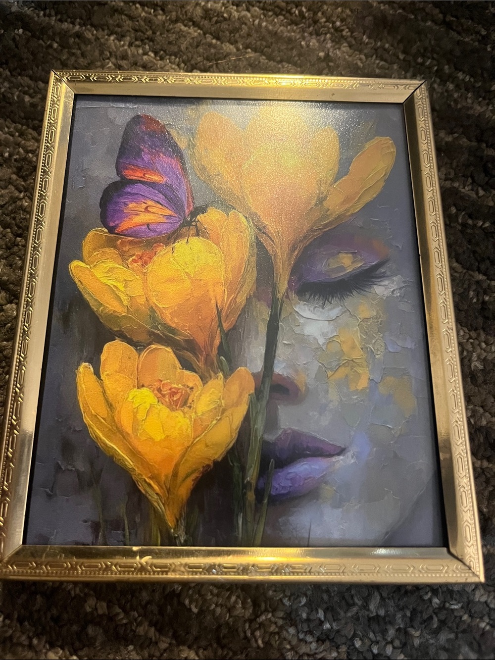 Yellow Floral & Purple Butterfly Captured in Abstract Framed print artistic 468